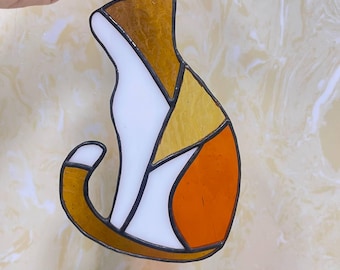Geometric Calico Cat Suncatcher – REAL Stained Glass Window Hanging – Autumn Tones Cat Lover Gift