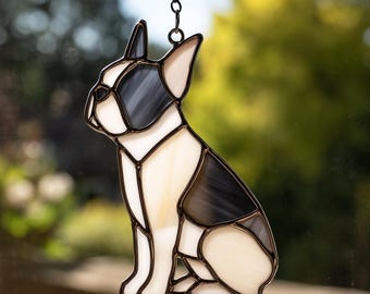 Boston Terrier Stained Glass Suncatcher - Handcrafted Dog Window Hanging - Real Glass, Pet Lovers Gift for Home Decor