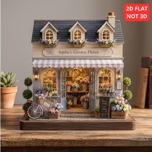 May include: A miniature model of a flower shop named Sophie's Garden Florals, featuring a dark blue roof, a light purple striped awning, and an open storefront filled with various potted flowers, a bicycle with a basket, and a small chalkboard sign.