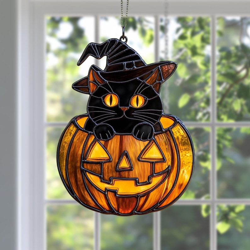 Stained Glass Black Cat Suncatcher – Halloween Pumpkin Window Decor - Etsy