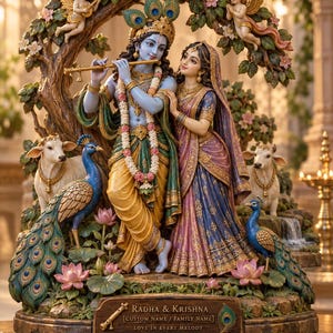 May include: A 3-layer printing statue of Radha and Krishna standing under a tree with two small angels, two cows, and two peacocks. Krishna plays a flute while Radha stands beside him. The base features the text Radha & Krishna, Custom Name / Family Name, and Love in Every Melody.