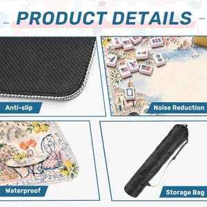 May include: A mahjong mat product details display featuring a black anti-slip textured underside, a noise-reducing surface with a coastal illustration and mahjong tiles, a waterproof surface with a lemon and table print, and a black storage bag.