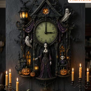 May include: A wall clock featuring a central dial with black numerals, surrounded by dark architectural details, a central figure in a purple gown, ghosts, pumpkins, a black cat, and a skeleton in a top hat. Text reads 3-LAYER PRINTING.