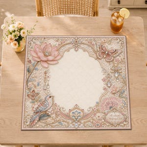 May include: A square decorative mat featuring an intricate border of pink lotus flowers, a butterfly, a bird, and pearl-like accents surrounding a central cream-colored area. The text "The Smith's Mahjong Club" is printed in the bottom right corner.