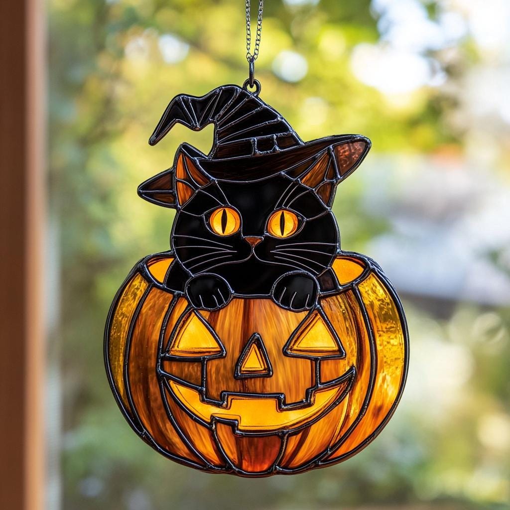 Stained Glass Black Cat Suncatcher – Halloween Pumpkin Window Decor - Etsy