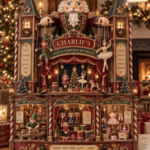 Könnte beinhalten: Ein großes, mehrstöckiges Weihnachts-Spielzeugtheater mit einer zentralen Nussknacker-König-Marionette, einem Elf und einer Ballerina. Die Struktur umfasst drei untere Läden mit den Aufschriften Elf Workshop, Toy Soldier Shop und Doll & Ballet Shop sowie 3-Schicht-Drucktext.