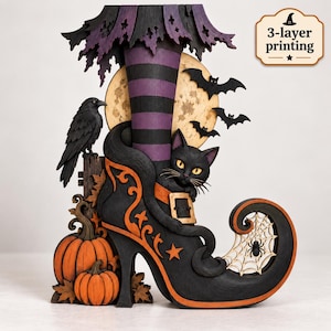 May include: A decorative 3-layer printed wooden cutout featuring a black witch shoe with orange trim, a striped purple and black leg, a black cat, a black crow, two orange pumpkins, a full moon, bats, and a spider web with a spider. Text reads 3-layer printing.