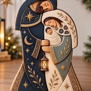 Pode incluir: Uma figura de presépio em madeira esculpida com uma representação estilizada de uma família. As figuras são apresentadas em tons de azul profundo, creme e verde suave, decoradas com motivos de estrelas e folhas douradas. Uma pequena lanterna iluminada pende entre elas.