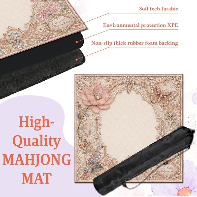 May include: A square mahjong mat featuring a cream-colored surface with intricate pink floral, butterfly, and bird illustrations. The mat includes a soft fabric top, an environmental protection XPE layer, and a non-slip thick rubber foam backing.