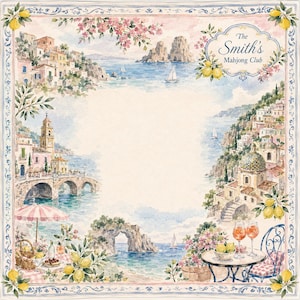 May include: A square decorative print featuring a watercolor coastal scene with Italian-style architecture, lemon branches, and sailboats. The text "The Smith's Mahjong Club" is centered in a decorative frame at the top right corner of the artwork.