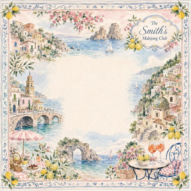 May include: A square decorative print featuring a watercolor coastal scene with Italian-style architecture, lemon branches, and sailboats. The text "The Smith's Mahjong Club" is centered in a decorative frame at the top right corner of the artwork.