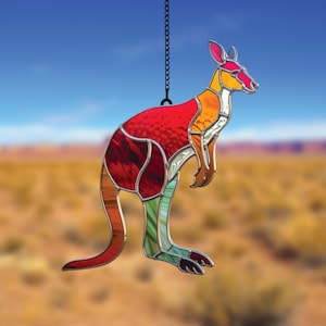 Colorful Kangaroo Stained Glass Suncatcher – Handmade Australian Animal Window Hanging with Vibrant Outback Theme