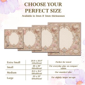 May include: Four square mats with ornate beige and pink floral patterns, butterflies, and birds. Text reads: CHOOSE YOUR PERFECT SIZE, Available in 2mm & 3mm thicknesses. A chart lists sizes: Extra Small 20.9 x 20.9 inches, Small 26 x 26 inches, Medium 31.5 x 31.5 inches, Large 33 x 33 inches.