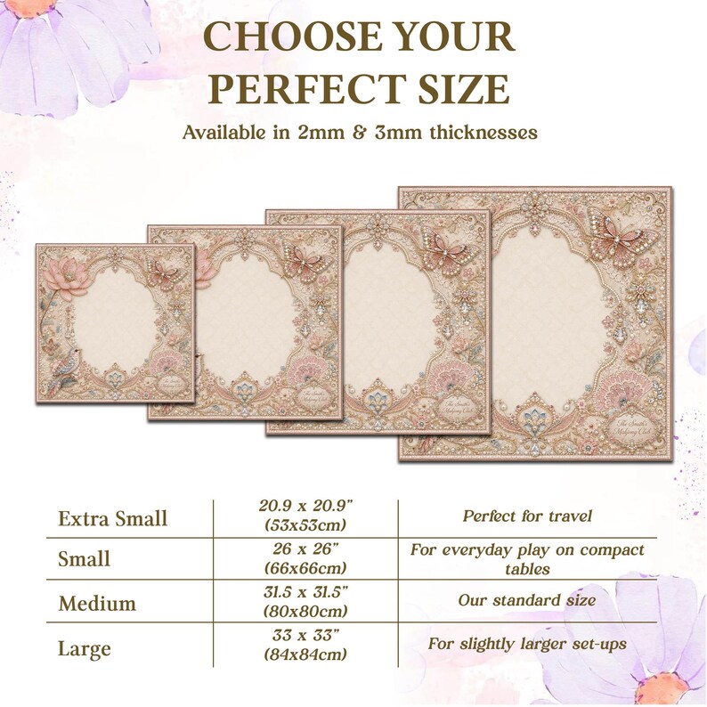 May include: Four square mats with ornate beige and pink floral patterns, butterflies, and birds. Text reads: CHOOSE YOUR PERFECT SIZE, Available in 2mm & 3mm thicknesses. A chart lists sizes: Extra Small 20.9 x 20.9 inches, Small 26 x 26 inches, Medium 31.5 x 31.5 inches, Large 33 x 33 inches.