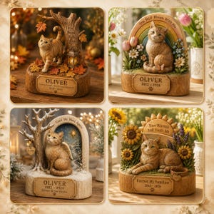 May include: Four memorial cat figurines with engraved nameplates. Top left: cat by a tree with text 'OLIVER Forever Loved-Forever Remembered 2012-2026'. Top right: cat with rainbow and text 'OLIVER 2012-2026'. Bottom left: winged cat with text 'OLIVER 2012-2026'. Bottom right: cat with sunflowers and text 'OLIVER 2012-2026'.