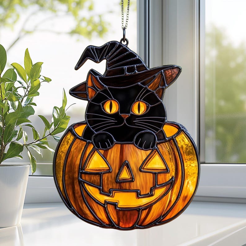 Stained Glass Black Cat Suncatcher – Halloween Pumpkin Window Decor - Etsy
