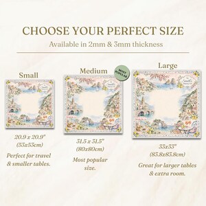 May include: A square tablecloth featuring a coastal Mediterranean scene with buildings, a bridge, and lemons. The image displays three sizes: small at 20.9 x 20.9 inches, medium at 31.5 x 31.5 inches, and large at 33 x 33 inches, with 2mm and 3mm thickness options.