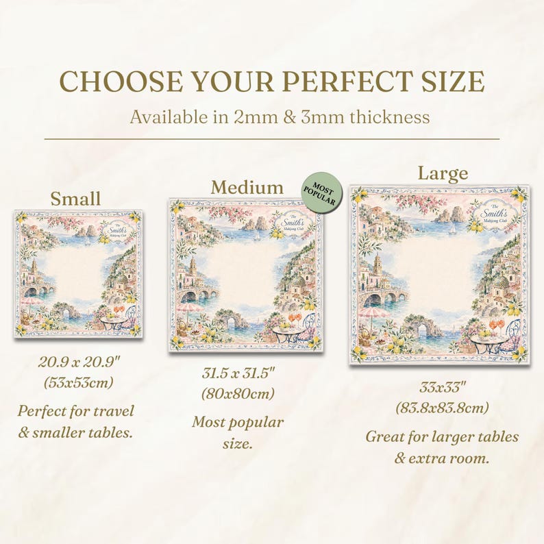 May include: A square tablecloth featuring a coastal Mediterranean scene with buildings, a bridge, and lemons. The image displays three sizes: small at 20.9 x 20.9 inches, medium at 31.5 x 31.5 inches, and large at 33 x 33 inches, with 2mm and 3mm thickness options.