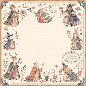 May include: A square decorative print featuring a border of anthropomorphic animals in ornate robes, including a fox, goose, bear, mouse, rabbit, deer, and peacock. The text The Smith's Mahjong Club is centred within an oval frame on the right side.