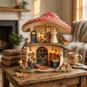 Peut inclure: Une maison champignon miniature à deux étages avec un grand toit rouge à pois blancs. La structure comprend une cuisine avec des meubles détaillés, une porte bleue, un panneau indiquant Sophia's Magical Home et diverses décorations.