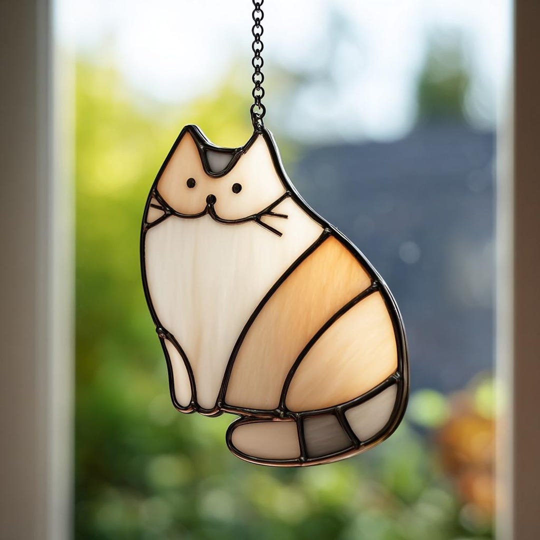 Munchkin Cat Stained Glass Suncatcher - Handcrafted Cat Window Hanging ...