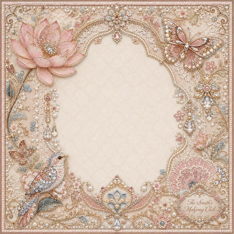 May include: A square decorative frame featuring intricate beadwork, sequins, and embroidery in shades of blush pink, cream, and gold. The design includes a lotus flower, a butterfly, a bird, and a plaque with the text The Smith's Mahjong Club.