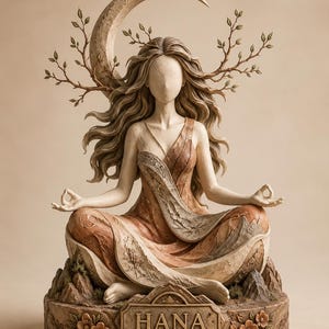 May include: A beige and terracotta-coloured sculpture of a faceless figure sitting in a lotus position. The figure has long flowing hair, tree branches extending from the head, and a crescent moon behind. The base features the name HANA in relief.