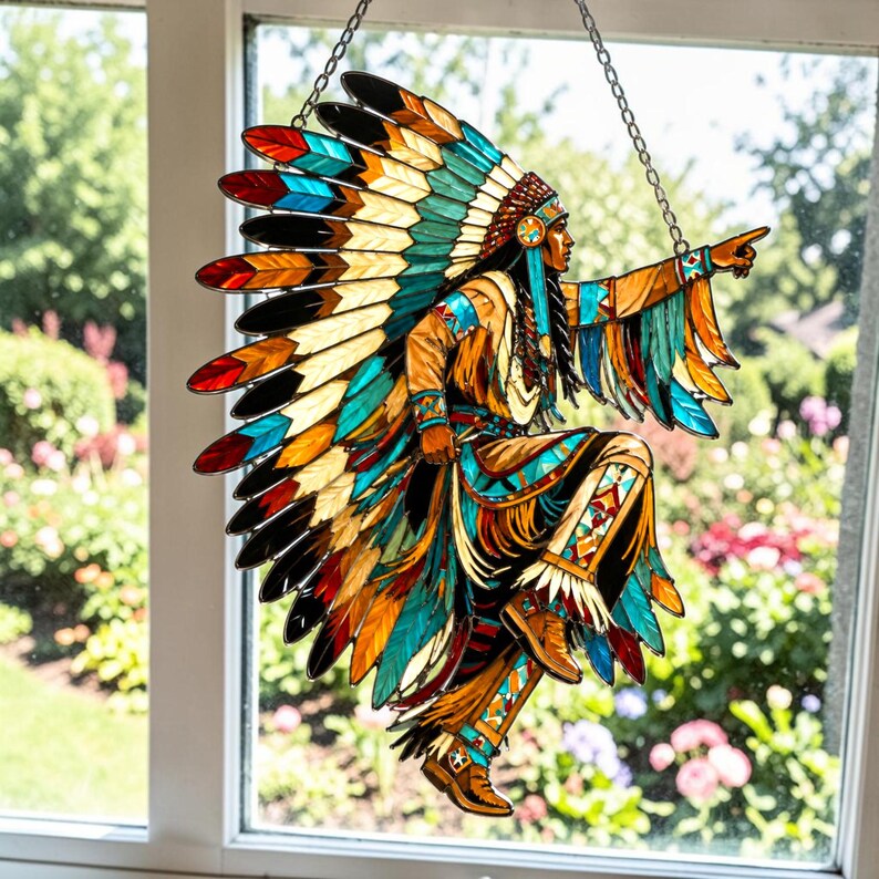 Native Window Display Native American Chief Suncatcher | Faux Stained Glass Window Art ...