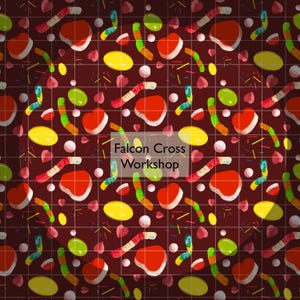 May include: A repeating pattern of colorful candies, including red hearts, yellow ovals, and green gummy worms, on a dark red grid background. The text "Falcon Cross Workshop" is visible in a white rectangle.