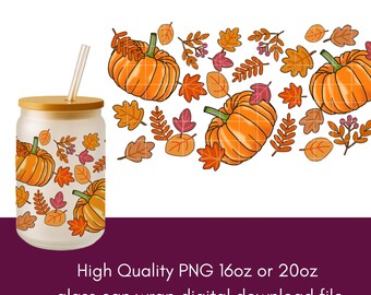 Pumpkins and Fall Autumn leaves 16oz or 20oz Glass Can Wrap Cosy Vibes PNG Seamless Pattern 300 DPI PNG Instant Download Sublimation