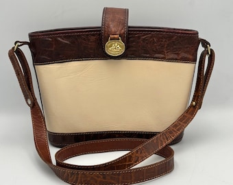 Vintage Brahmin Handbag | Leather Crossbody | Brown Beige Croc Embossed Purse