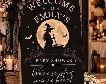 A Baby is Brewing Halloween Baby Shower Welcome Sign, Halloween Pregnancy, Spooky Bats, Whimsical Canva Editable, Instant Download BS19