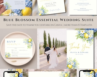 Peut inclure: Un ensemble de papeterie de mariage avec un design de citron et de fleurs. L'ensemble comprend des invitations, des cartons de réponse et des cartes de remerciement. Le design présente des citrons, des fleurs bleues et des feuilles vertes.