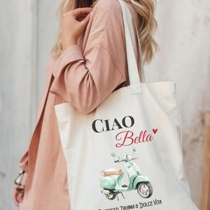 Ciao Bella Tote Bag, Italian Summer Canvas Bag, Retro Market Bag with Vespa, Gift for Her, Italy Travel Aesthetic, European Chic, Resusable