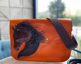 Handmade Genuine Leather Shoulder Bag, Horse Motif, Reddish Brown Crossbody Bag