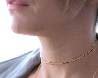 Minimal Diamond Choker, CZ Collar Necklace, Gold Layered Choker, Back Drop Necklace, Open Back Pendant, Daily Wear Jewelry,  Gift for Mom