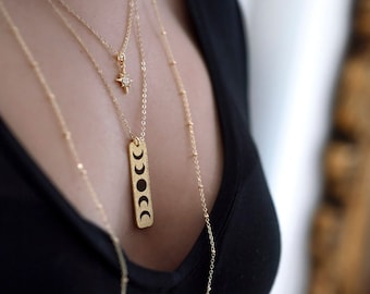 Moon and Star Necklace, Moon Phases Pendant, Gold Layered Necklace,  Astrology Lover Gift, Gold Celestial Jewelry, North Star Necklace,