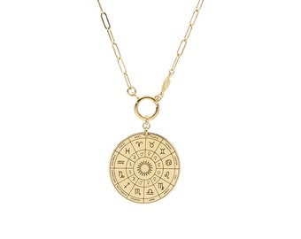 Zodiac Chart Necklace, Astrology Lover Gift, Zodiac Sign Pendant, Brass Disc Necklace, Gold Statement Jewelry, Horoscope Necklace