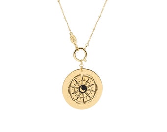 Compass Pendant Necklace, Astrology Jewelry, Medallion Disc Necklace, Moon Star Pendant, Gold Wheel Necklace, Gift for Women, Gift for Her