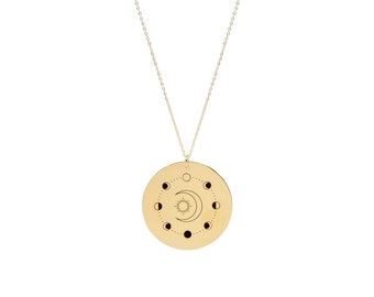 Collier Pendentif Lune, Pendentif Disque d’Or, Collier Médaillon, Meilleurs Bijoux Célestes, Collier Longue Pièce, Cadeau pour Elle, Cadeau Amoureux de l’Astrologie