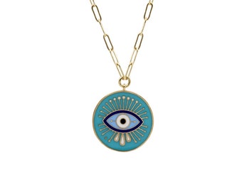 Eye Medallion Necklace, Evil Eye Pendant, Neon Blue Necklace, Layerable Disc Pendant, Enamel Nazar Necklace, Gift for Her, Gift for Women