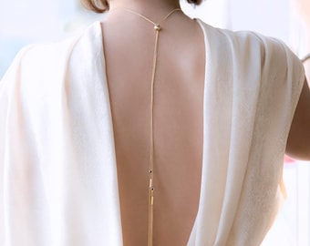 Back Chain Pendant, Backless Dress Necklace, Station Chain Choker, Necklace with Tassel, Gold Wedding Jewelry, Christmas Gift Idea