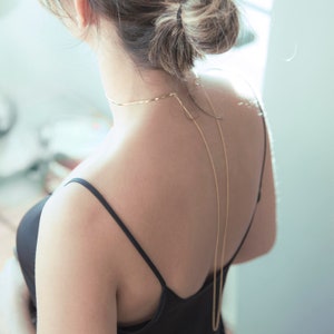 Back Chain Choker, Open Back Dress Necklace, Brass Choker with Chain, Layerable Gold Necklace, Unique Bridal Jewelry, Back Drop Necklace