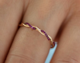 14K Gold Twisted Ruby Wedding Band - Minimalist Vine Ring