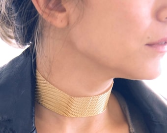 Gold Statement Choker, Vintage Day Collar, Wide Bold Choker, Party Style Jewelry, Wire Mesh Choker Necklace, Gift for Mom, Christmas Gift