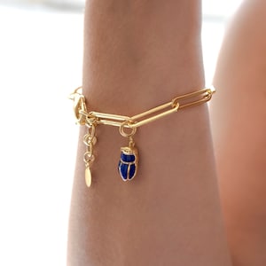 Paperclip Chain Bracelet, Gold Stackable Jewelry, Bracelet with Charm, Trendy Accessory 2023, Blue Charm Bracelet, Christmas Gift for Her