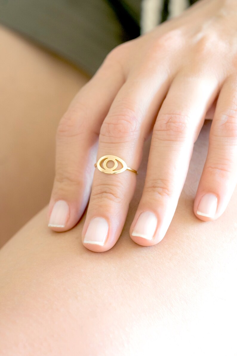 Evil Eye Ring | 14K Yellow Rose or White Gold Adjustable Ring |