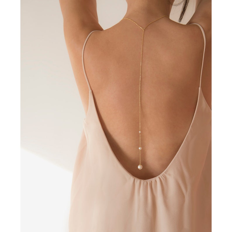 Pearl Back Necklace, Sliding Back Chain, Lariat Back Pendant, Fine Backdrop Chain, Rose Gold Necklace, Wedding Dress Jewel, Gift for Bride image 1