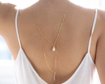 Lariat Back Necklace, Bridal Body Jewelry, Pearl Back Chain, Open Back Necklace, Cross Belly Chain, Unique Wedding Jewelry, Gift for Her