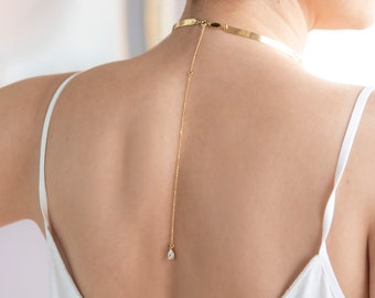Back Chain Necklace, Open Back Pendant, CZ Charm Necklet, Back Chain Choker, Thin Collar Necklace, Backless Dress Jewelry, Gift for Her